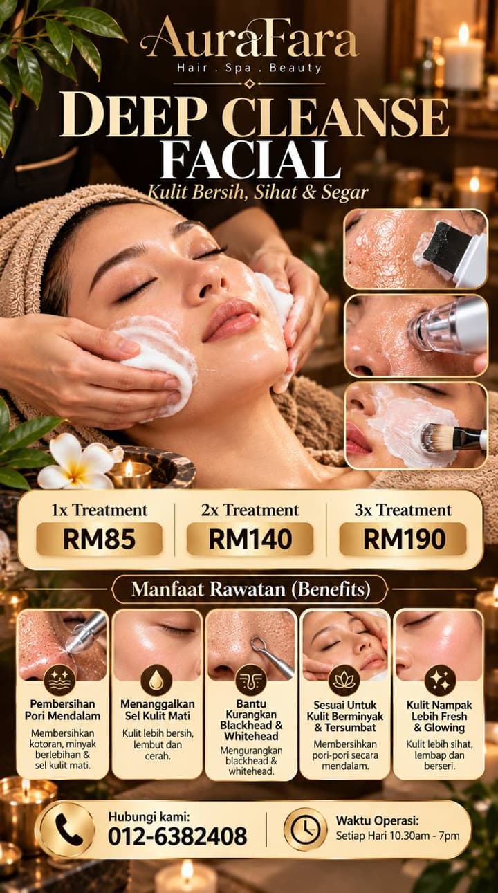 Poster promosi Deep Cleanse Facial AuraFara Spa — 1x RM85, 2x RM140, 3x RM190