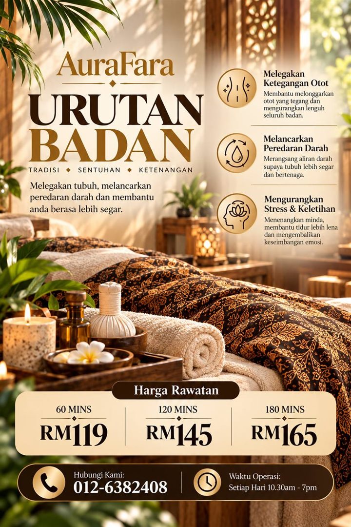 Poster Urutan Badan AuraFara Spa — 60 mins RM119, 120 mins RM145, 180 mins RM165